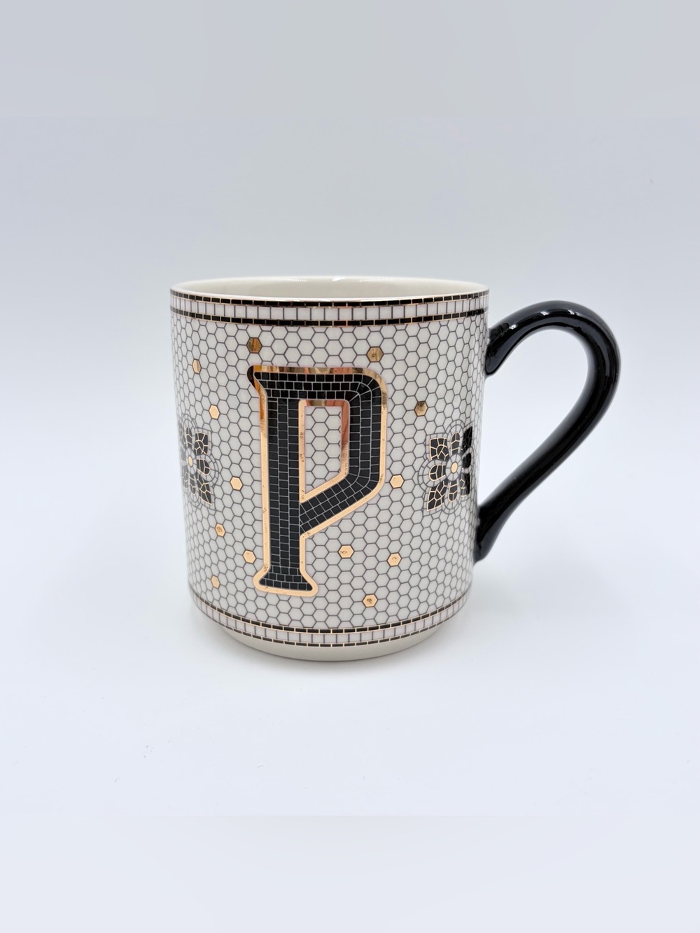 Anthropologie Initial P Mosaic Tile Coffee Mug Black Gold